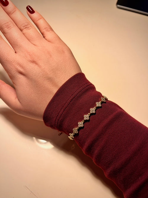 Genesis koleksiyonuna ait Yonca Bileklik; altın renk detayları, taşlı yapısı ve zarif tasarımıyla günlük ve özel kullanıma uygun premium kadın bilekliğidir.