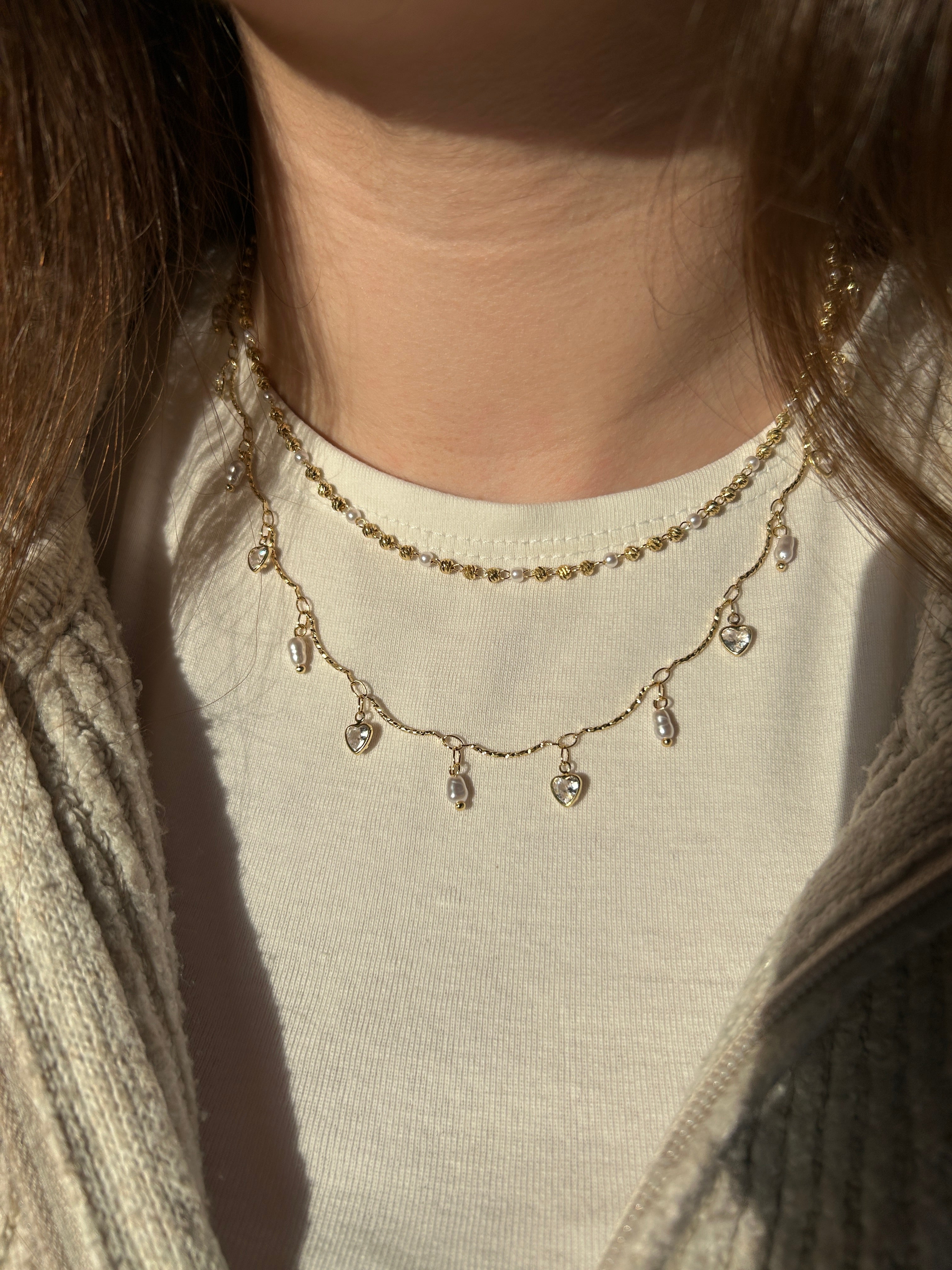 Zirkon Taşlı Kalp ve İnci Detaylı Altın Kaplama Charm Kolye | BelvoraLuxe